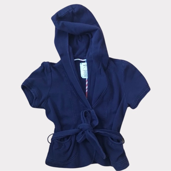 Anthropologie hoodie short sleeve jacket with tie waist belt in navy blue - Picture 9 of 9